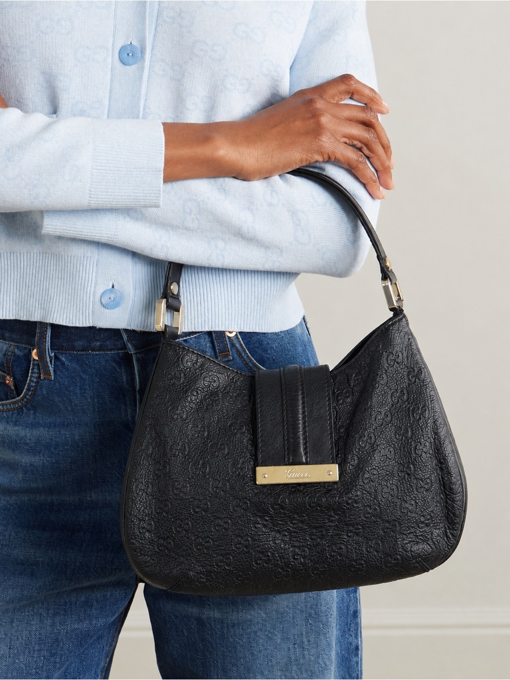 Gucci New Web Hobo Bag Nero Black Guccissima Embossed Leather